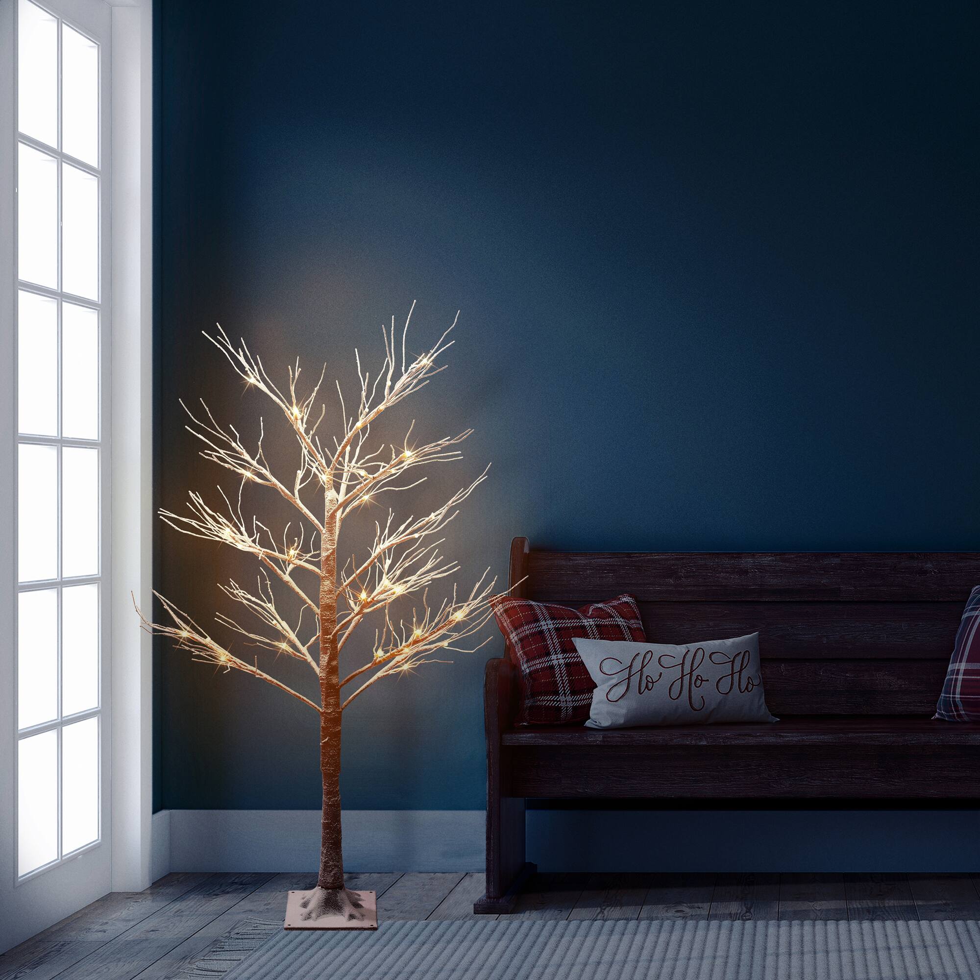 4ft. Pre-Lit Flocked Brown Artificial Twig Tree, White Lights